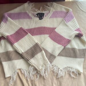 Polly & Esther Striped Fringe Pullover Sweater V-Neck 100% Acrylic Size L